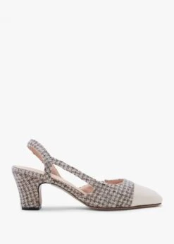 Akira Beige Houndstooth Block Heel Slingbacks