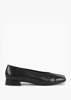 Angled Black Leather Square Toe Pumps