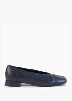 Angled Navy Leather Square Toe Pumps