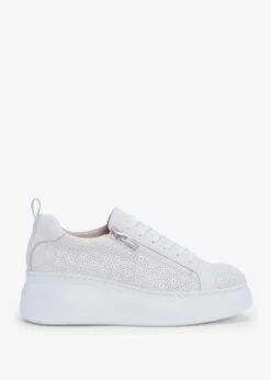 Wonders Aria White Leather Perforated Flatform Trainers