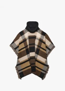Black & Brown Knitted Checked Fringe Poncho