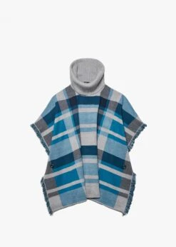 Blue & Grey Knitted Checked Fringe Poncho