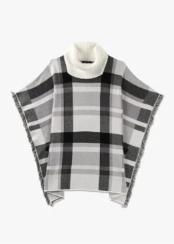 Black & White Knitted Checked Fringe Poncho