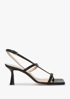 Barely Black Leather Square Toe Post Heeled Sandals