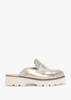 Beloba Gold Leather Backless Loafers