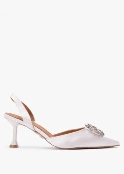 Kazar Elewed White Leather Embellished Sling Back Heeled Pumps