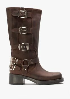 Emotie Brown Leather Multi Buckle Biker Boots