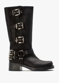 Emotie Black Leather Multi Buckle Biker Boots