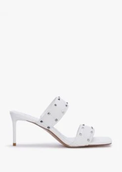 Equal White Leather Two Bar Studded Heel Mules