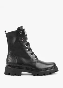 Evajewell Black Leather Embellished Ankle Boots