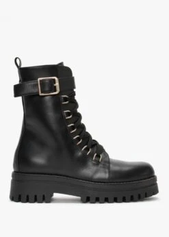 Fiker Black Leather Collar Strap Biker Boots