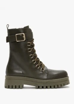 Fiker Green Leather Collar Strap Biker Boots