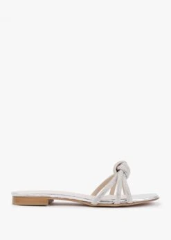 Flatante Silver Leather Twisted Diamante Mules