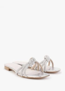 Flatante Silver Leather Twisted Diamante Mules -Daniel Footwear Shop flatante p131633 198383 image