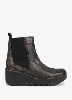 Fly London Bagu Cool Graphite Leather Wedge Chelsea Boots