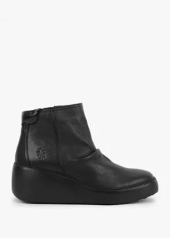 Fly London Dabe Black Leather Wedge Ankle Boots