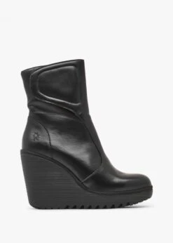 Fly London Dally Black Leather High Wedge Ankle Boots