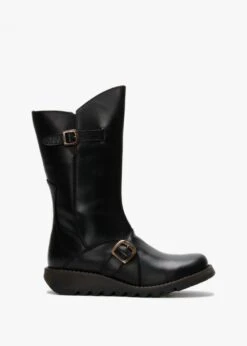 Fly London Mes II Black Leather Low Wedge Calf Boots