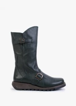 Fly London Mes Khaki Pebbled Leather Low Wedge Calf Boots