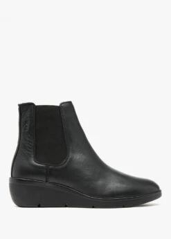 Fly London Nola Black Leather Wedge Ankle Boots