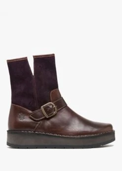 Fly London Ruth Purple Leather & Suede Chunky Ankle Boots