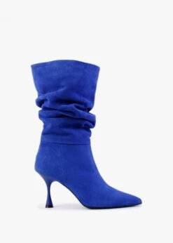 Fointed Blue Suede Ruched Calf Boots