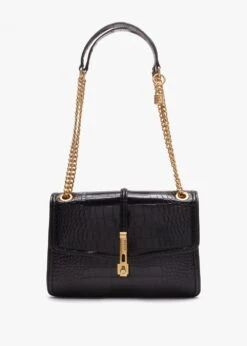 Guess James Black Moc Croc Front Flap Cross-Body Bag