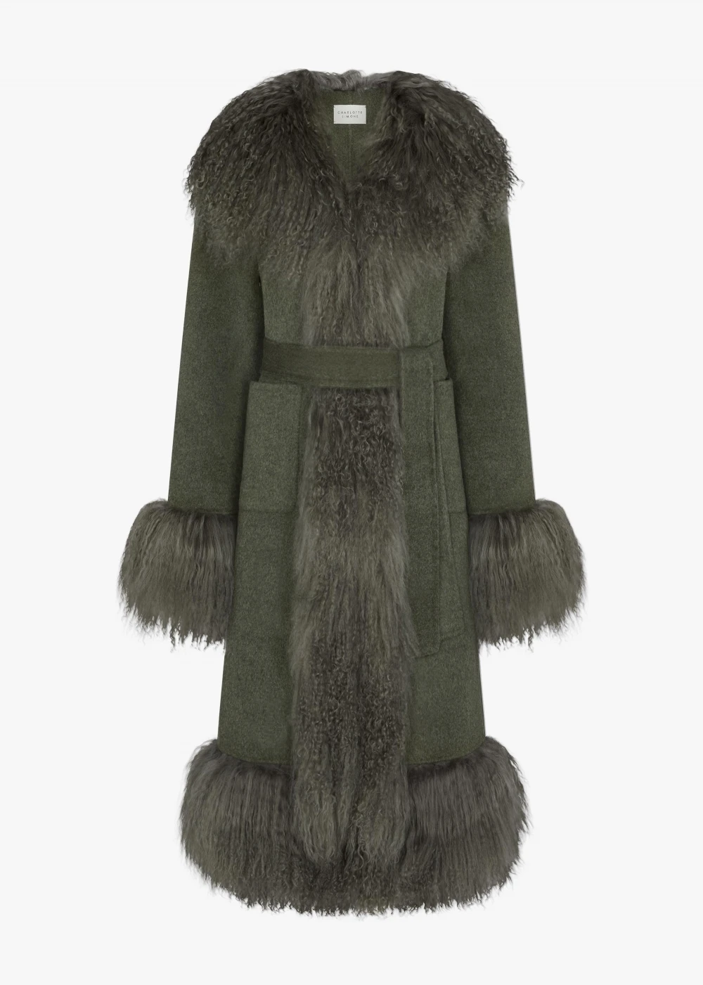 Harlow Khaki Flecked Wool Mongolian Lambswool Long-Line Coat 1 Harlow Khaki Flecked Wool Mongolian Lambswool Long-Line Coat