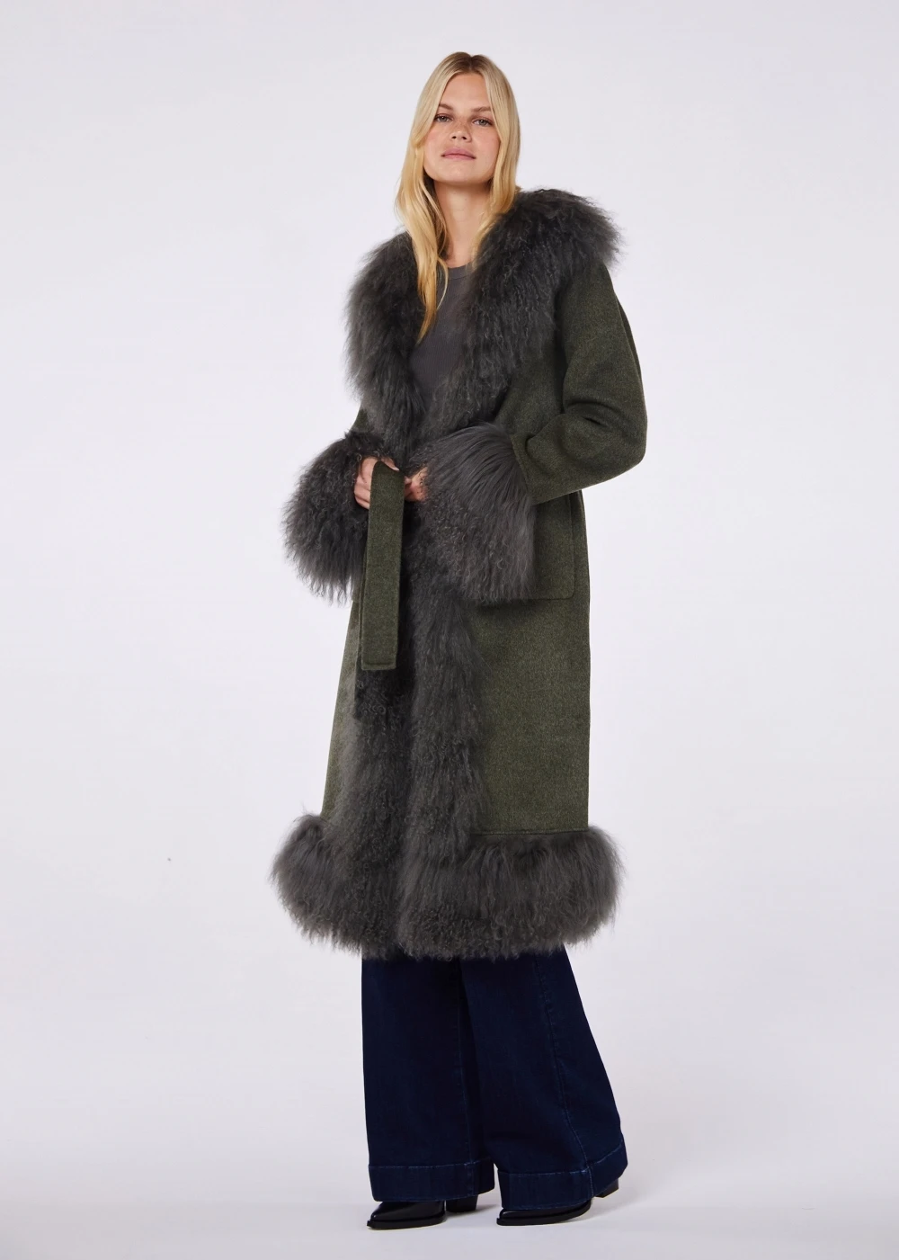 Harlow Khaki Flecked Wool Mongolian Lambswool Long-Line Coat 2 Harlow Khaki Flecked Wool Mongolian Lambswool Long-Line Coat - Image 2