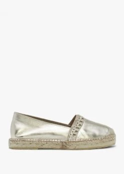Ilazer Gold Leather Laser Cut Edge Flat Espadrilles