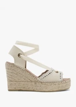 Ilazer White Leather Laser Cut Edge Ankle Tie Wedge Espadrilles