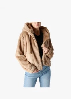 Beige Faux Fur Hooded Bomber Jacket
