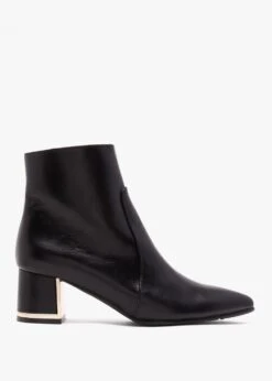 Black Leather Block Heel Ankle Boots