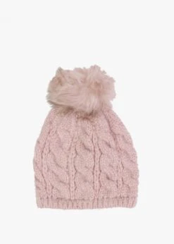 Pink Cable Knit Pom Pom Hat