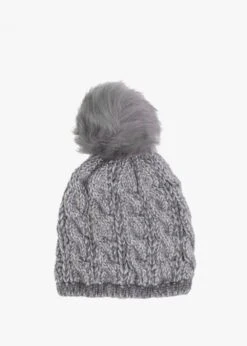 Grey Cable Knit Pom Pom Hat