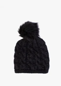 Black Cable Knit Pom Pom Hat