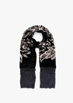 Devore Black Floral Tassel Trim Scarf