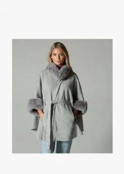 Grey Faux Fur Trim Cape