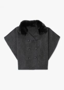 Charcoal Faux Fur Trim Double Breasted Cape