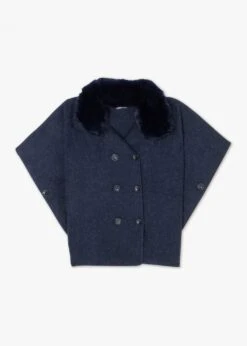 Navy Faux Fur Trim Double Breasted Cape