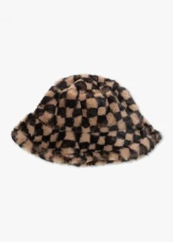 Checked Black Multi Faux Fur Bucket Hat