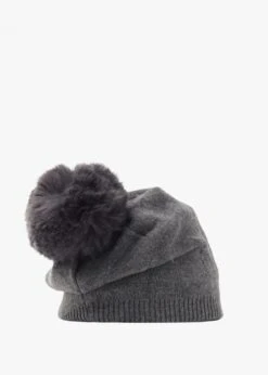 Grey Slouchy Knitted Pom Pom Hat