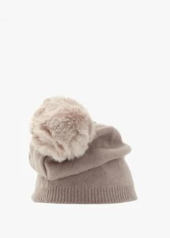 Beige Slouchy Knitted Pom Pom Hat