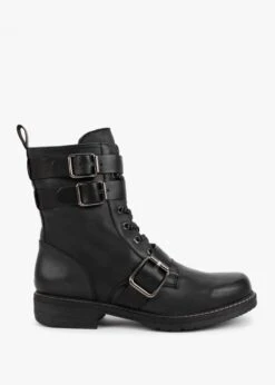 Black Leather Buckled Ankle Boots
