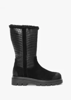 Black Suede Moc Croc Calf Boots