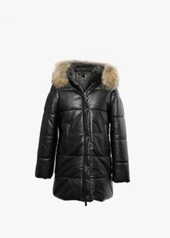 Oakwood Fame Black Leather Fur Hooded Coat
