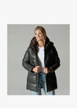 Oakwood Fancy Khaki Leather Padded Longline Coat