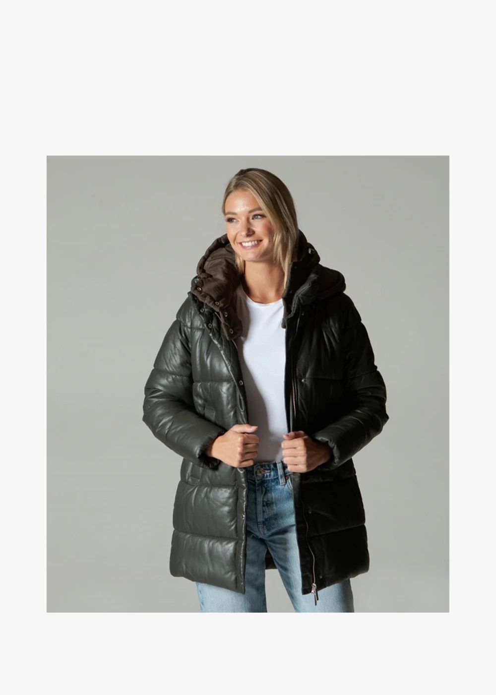 Oakwood Fancy Khaki Leather Padded Longline Coat 1 Oakwood Fancy Khaki Leather Padded Longline Coat