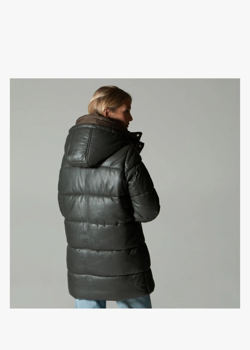 Oakwood Fancy Khaki Leather Padded Longline Coat 2 Oakwood Fancy Khaki Leather Padded Longline Coat - Image 2