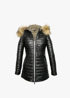 Oakwood Poppy Black Quilted Leather Fur Hooded Coat